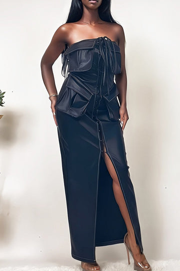Button Detailed Pu Black Leather Dress in Medium view 2