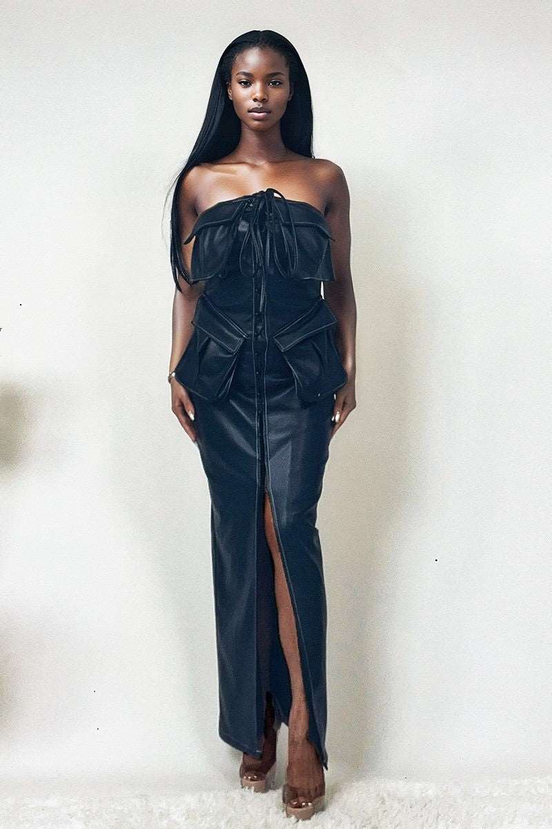 Button Detailed Pu Black Leather Dress view 4