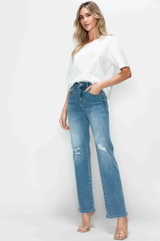 Bytos Full Size Distressed High Rise Straight Jeans in Medium view 2 - High-Waisted - But Jeans (bottom)