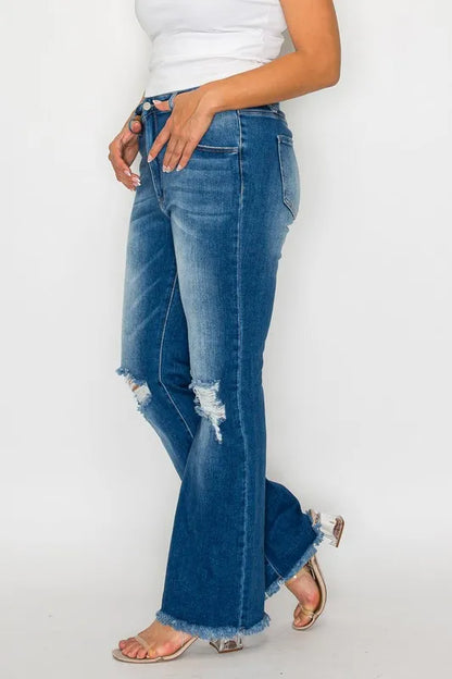 Bytos Full Size Raw Hem Distressed High Rise Bootcut Jeans in Medium view 10 - High-Waisted - But Jeans (bottom)