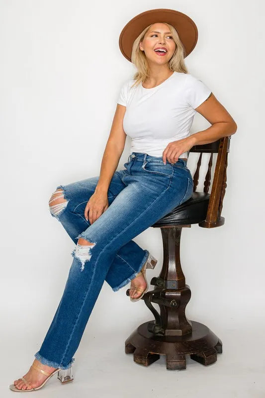 Bytos Full Size Raw Hem Distressed High Rise Bootcut Jeans view 13 - High-Waisted - But Jeans (bottom)