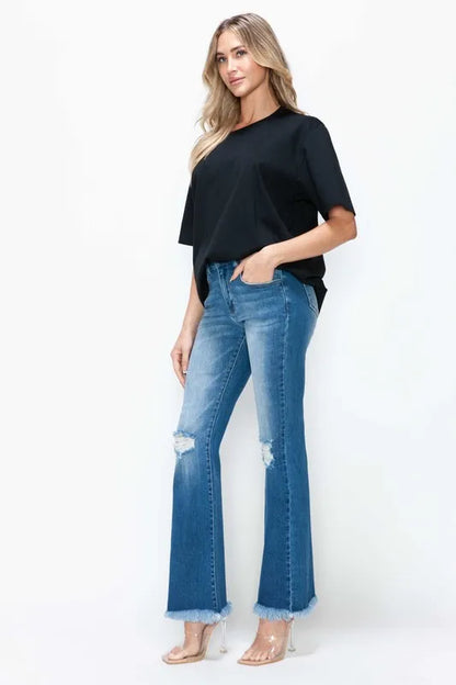 Bytos Full Size Raw Hem Distressed High Rise Bootcut Jeans in Medium view 2 - High-Waisted - But Jeans (bottom)