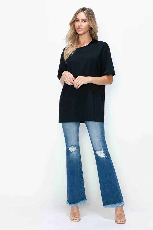 Bytos Full Size Raw Hem Distressed High Rise Bootcut Jeans in Medium view 3 - High-Waisted - But Jeans (bottom)