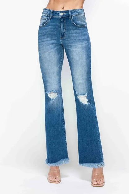 Bytos Full Size Raw Hem Distressed High Rise Bootcut Jeans in Medium view 4 - High-Waisted - But Jeans (bottom)