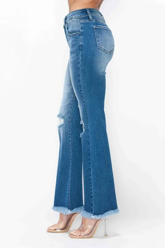 Bytos Full Size Raw Hem Distressed High Rise Bootcut Jeans in Medium view 6 - High-Waisted - But Jeans (bottom)