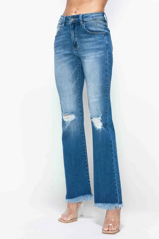 Bytos Full Size Raw Hem Distressed High Rise Bootcut Jeans in Medium view 7 - High-Waisted - But Jeans (bottom)