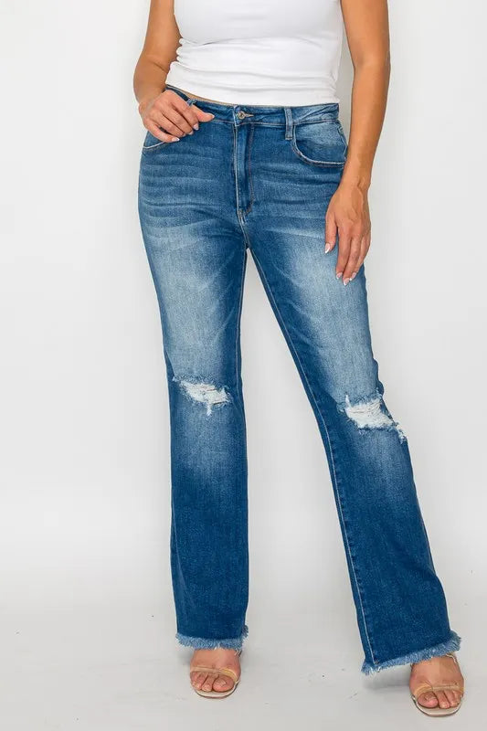 Bytos Full Size Raw Hem Distressed High Rise Bootcut Jeans in Medium view 8 - High-Waisted - But Jeans (bottom)