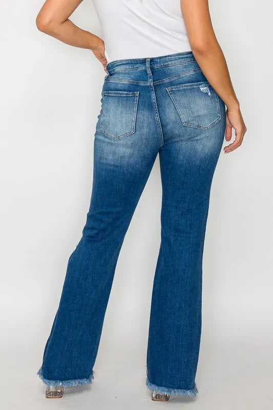 Bytos Full Size Raw Hem Distressed High Rise Bootcut Jeans in Medium view 9 - High-Waisted - But Jeans (bottom)