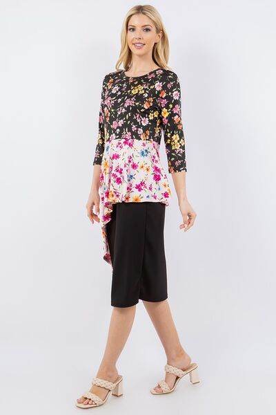 Celeste Floral Asymmetrical Hemline Round Neck Top - us.meeeshop