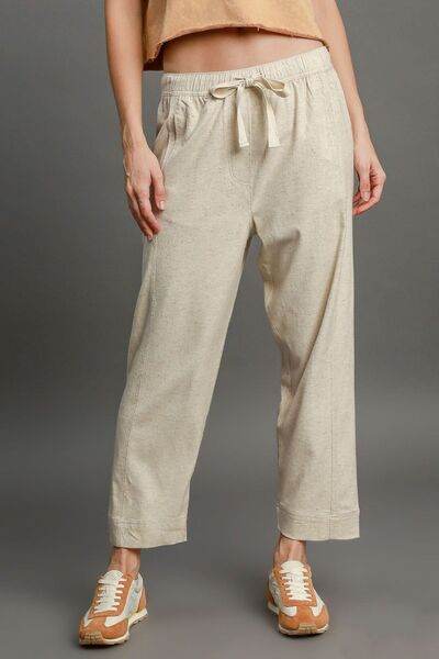 Umgee Drawstring Elastic Waistband Linen Blend Pants Plus Size - us.meeeshop