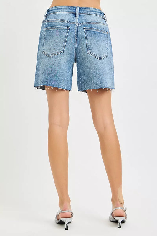 risen slouchy mid RISEN Slouchy Mid Length All over Rhinestones Shorts view 2 (bottom) - shop at us.meeeshop