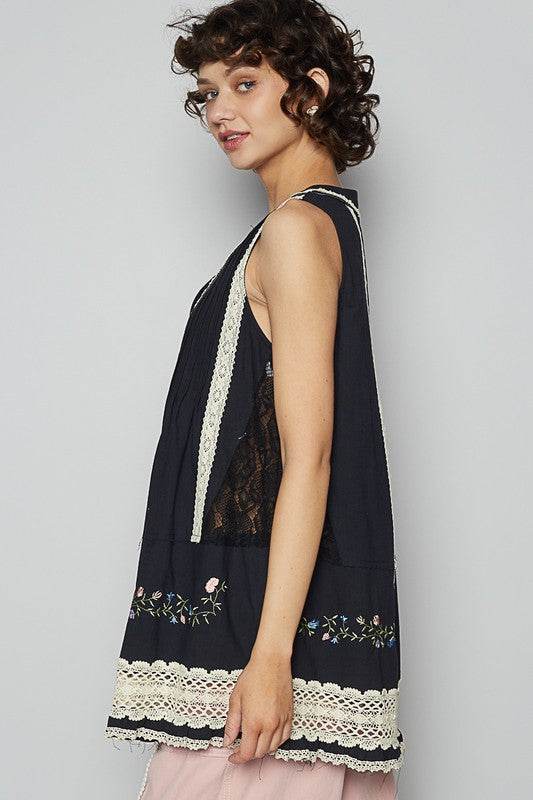 POL Embroidered Lace Detail V-Neck Sleeveless Top - us.meeeshop