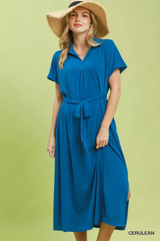 umgee collared belted Umgee Collared Belted Midi Dress CERULEAN (dress) - shop at us.meeeshop