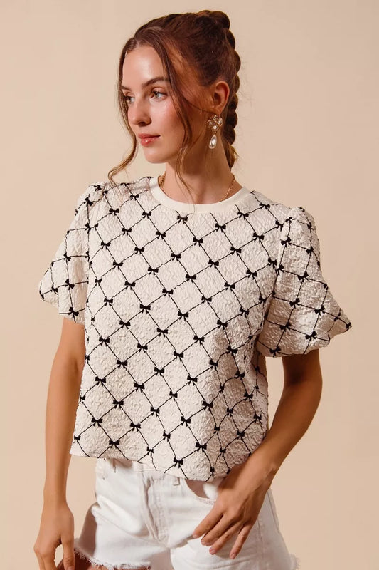 SO ME Bow Texture Woven Bubble Sleeve Top (women's shirts & tops) view 2 - shop at us.meeeshop
