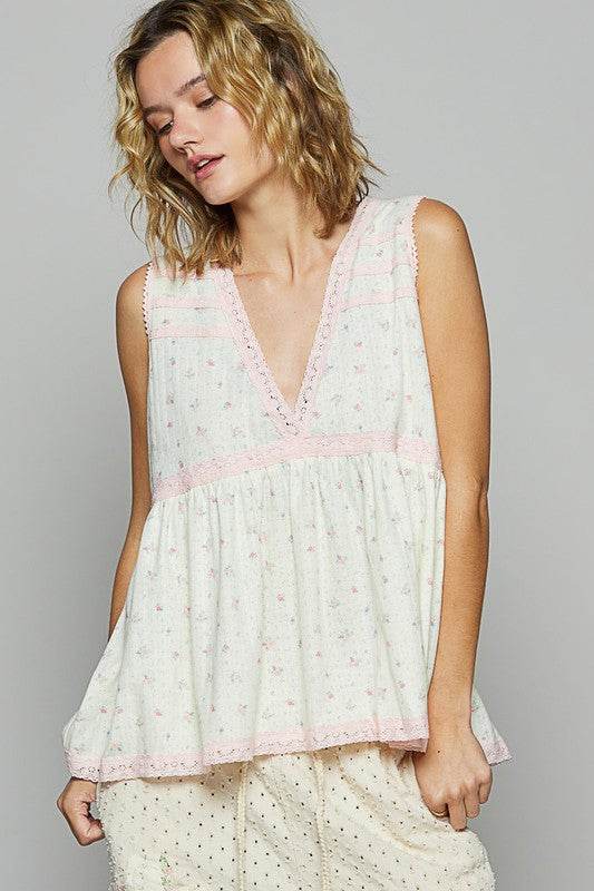 POL Lace Detail Floral V-Neck Sleeveless Top - us.meeeshop