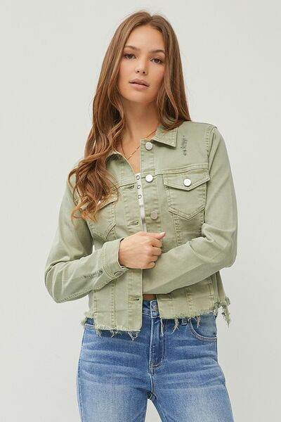 RISEN Raw Hem Button Up Cropped Denim Jacket Plus Size - us.meeeshop