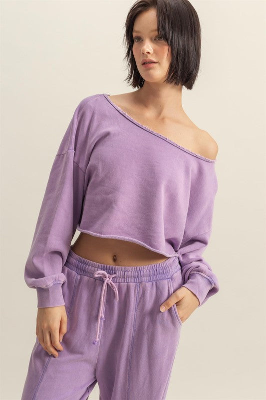 HYFVE Frayed Detail Boat Neck Long Sleeve Crop Top in Lilac - us.meeeshop