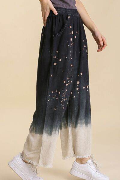 Umgee Raw Hem Linen Blend Bleach Dip Dye Wide Leg Pants Plus Size - us.meeeshop