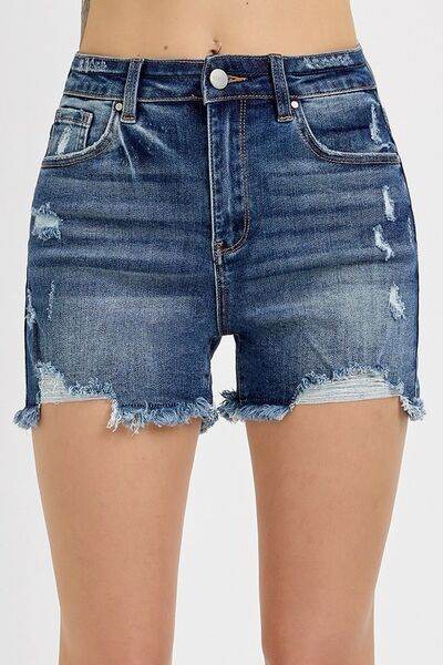 RISEN Distressed Raw Hem Denim Shorts - us.meeeshop