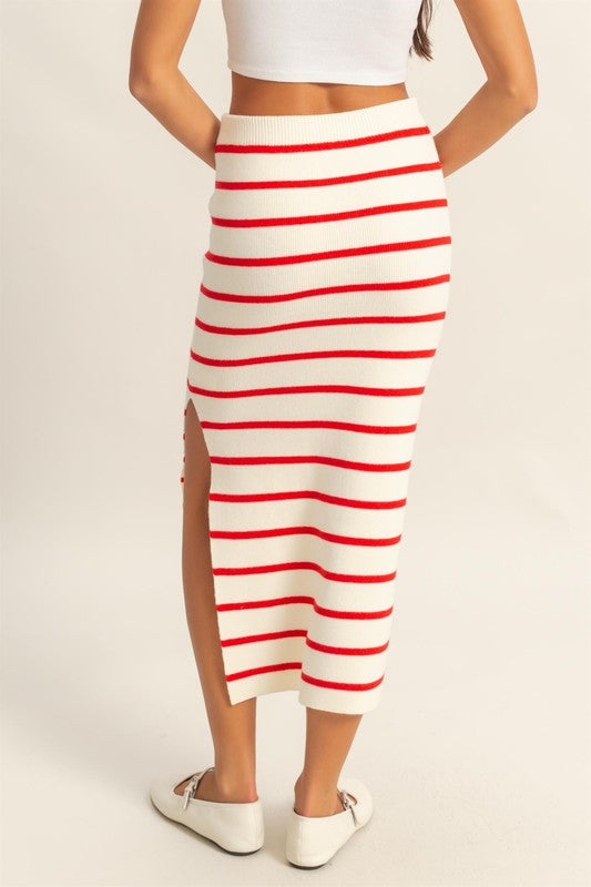 HYFVE Side Slit Striped Bodycon Sweater Skirt in Red - us.meeeshop