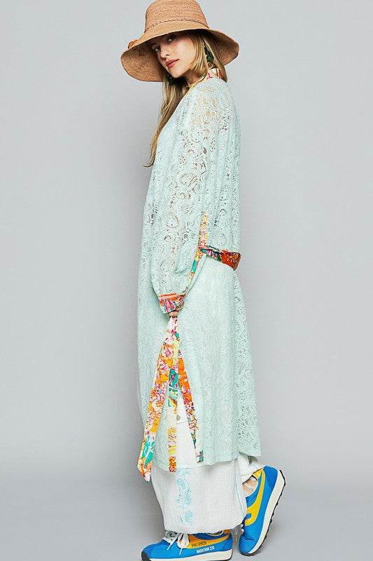 POL Floral Trim Lace Open Front Longline Cardigan in PALE MINT - us.meeeshop