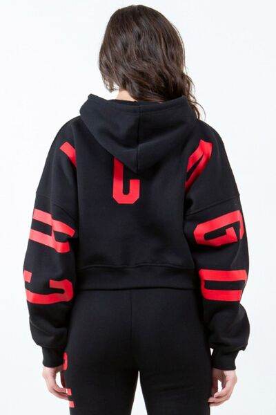 American Bazi Letter Graphic Long Sleeve Drawstring Cropped Hoodie - us.meeeshop