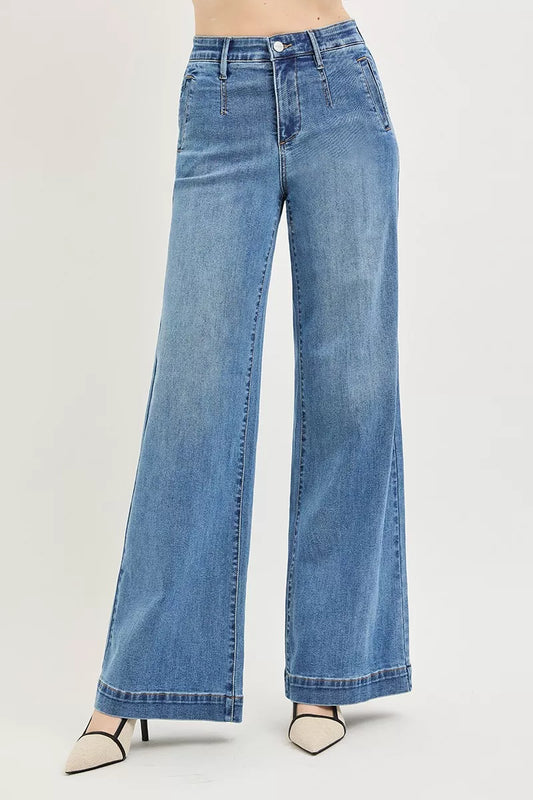risen tummy control RISEN Tummy Control Elastic Band High Rise Wide Jeans Medium (bottom) - shop at us.meeeshop
