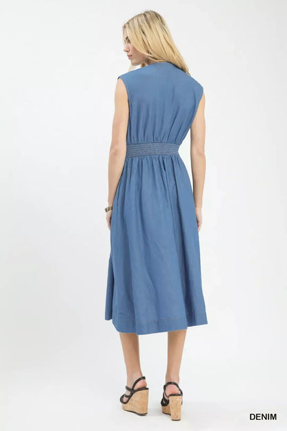 umgee denim sleeveless Umgee Denim Sleeveless Zip-front Smocked Waist Midi Dress view 3 (dress) - shop at us.meeeshop
