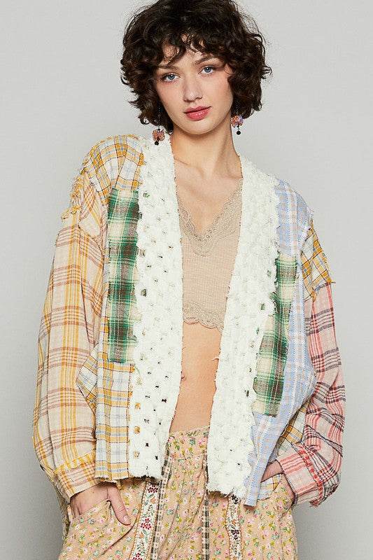 POL Raw Edge Plaid Open Front Cardigan - us.meeeshop