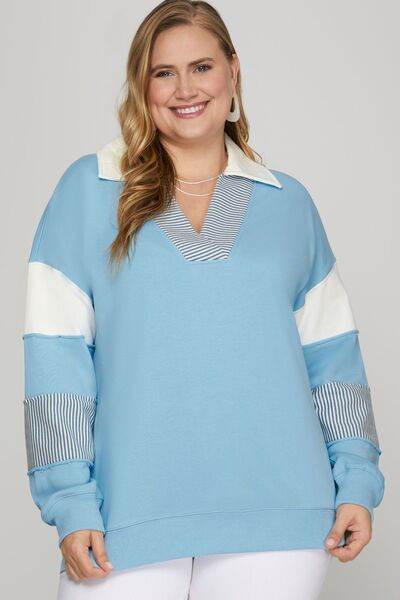 She + Sky Color Block Sleeve Johnny Collar French Terry Sweatshirt Plus Size - us.meeeshop