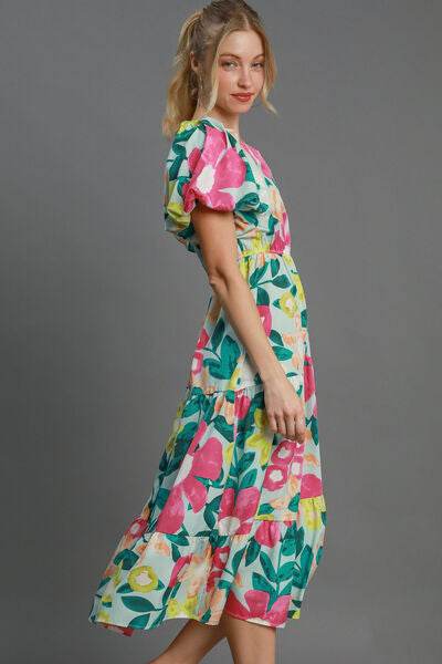 Umgee Tiered Floral Print Notched Puff Sleeve Midi Dress Plus Size - us.meeeshop