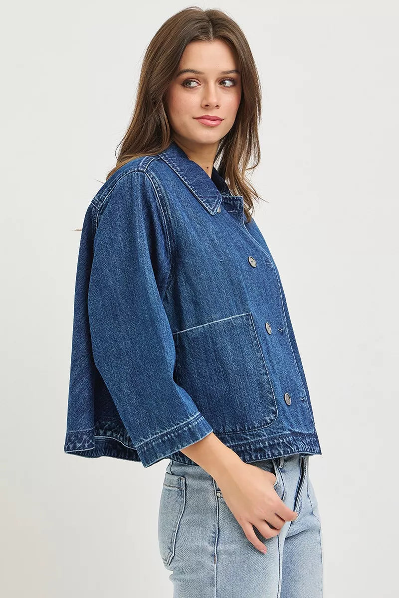 risen double breasted Risen Double-breasted Flowy Cropped Denim Jacket view 4 (layer) - shop at us.meeeshop