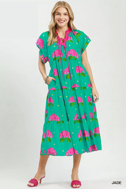 Umgee Hydrangea Print Tiered Midi Dress (women's dresses) view 2 - shop at us.meeeshop