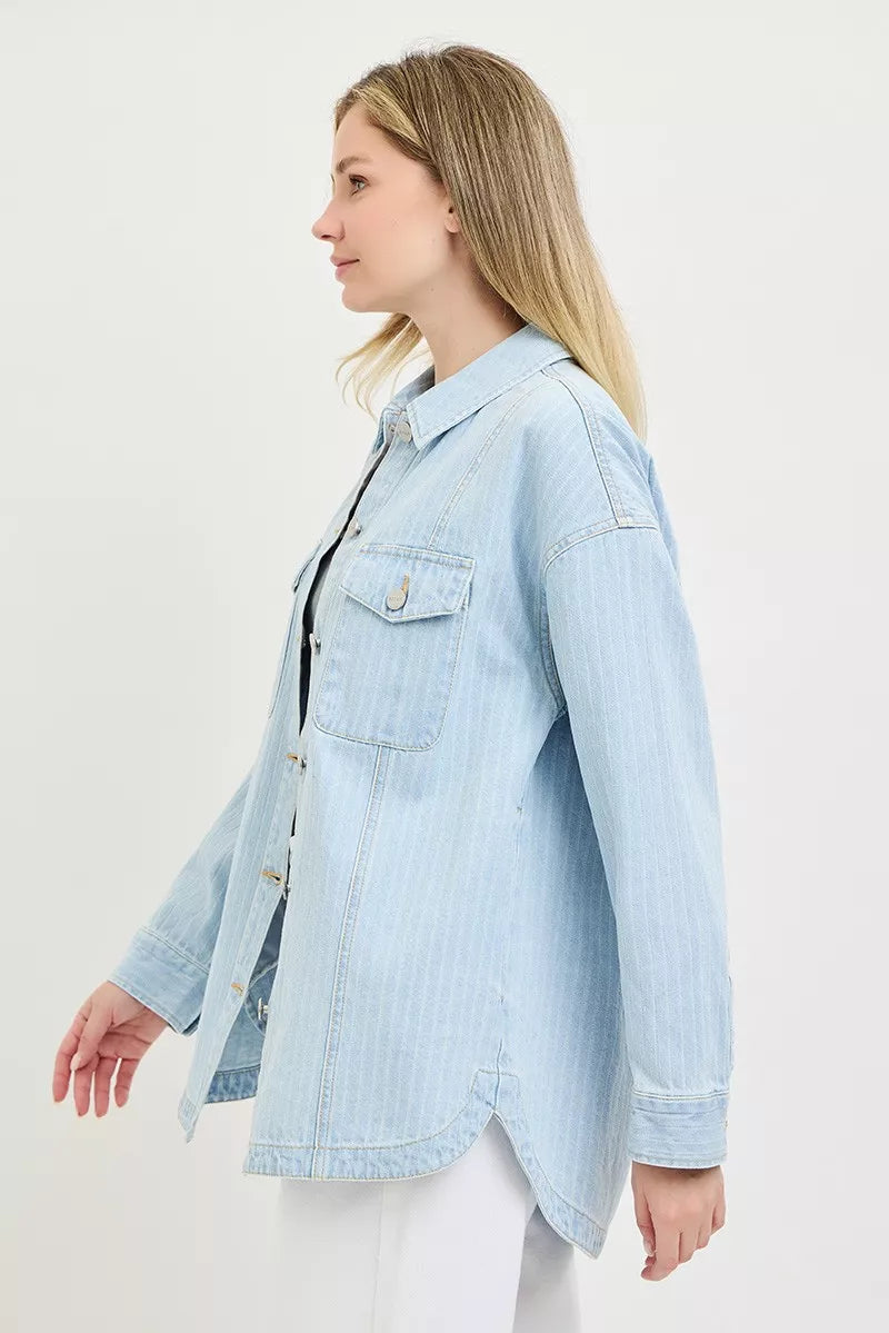 risen oversized stripe Risen Oversized Stripe Denim Shaket view 4 (piece) - shop at us.meeeshop