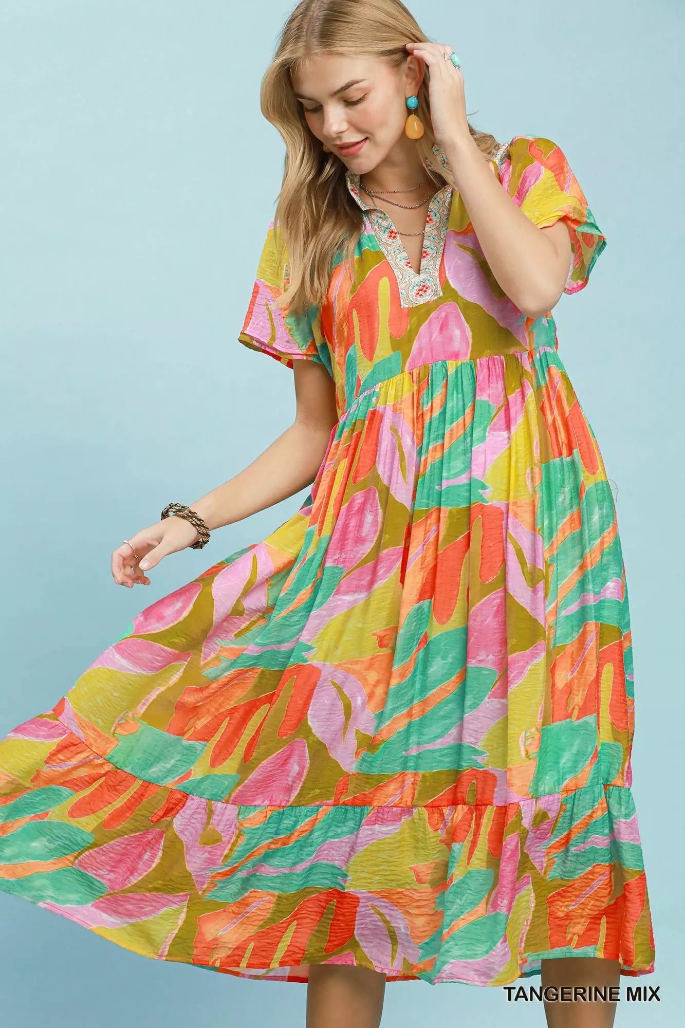 umgee abstract tropical Umgee Abstract Tropical Print Tiered Midi Dress TANGERINE MIX (dress) - shop at us.meeeshop