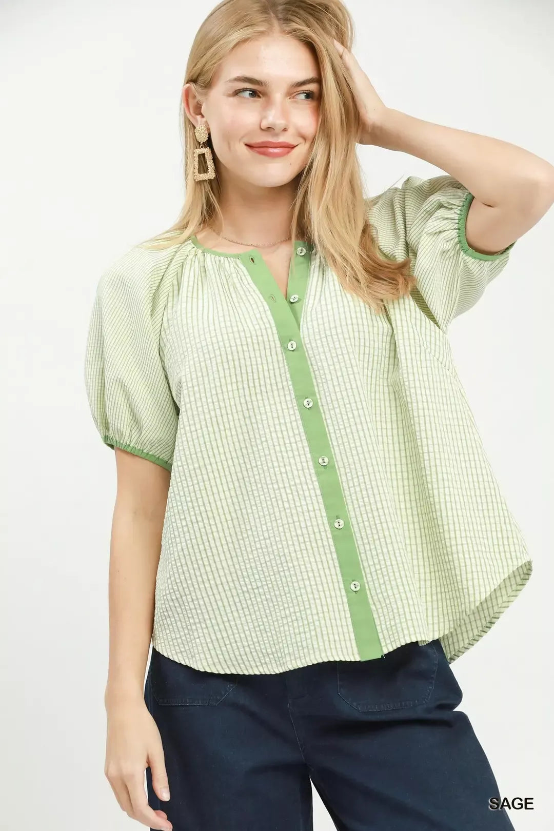 umgee checker puff Umgee Checker Puff Sleeve Button Front Blouse SAGE (top) - shop at us.meeeshop