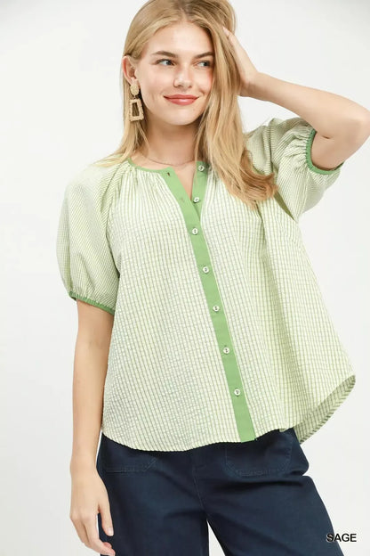 umgee checker puff Umgee Checker Puff Sleeve Button Front Blouse SAGE (top) - shop at us.meeeshop