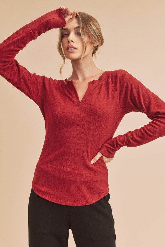 Aemi + Co Notched Raglan Sleeve Curved Hem T-Shirt - us.meeeshop