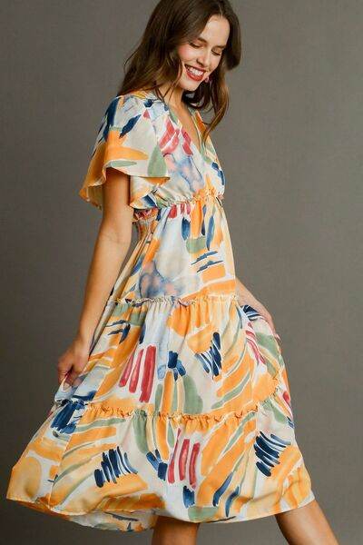 Umgee Abstract Print Flutter Sleeve Frill Tiered Midi Dress Plus Size - us.meeeshop