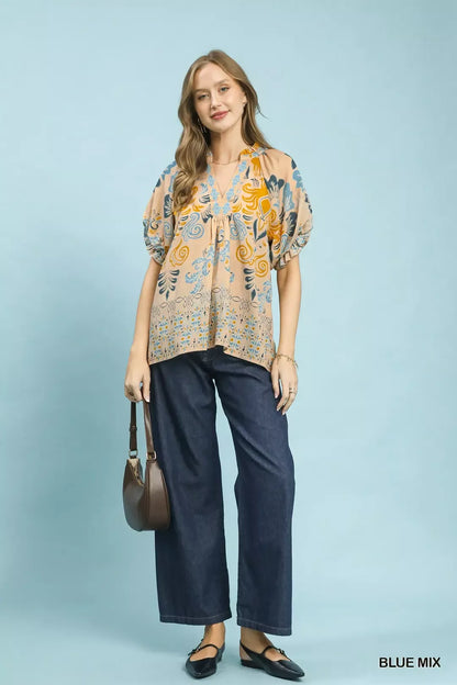 umgee border print Umgee Border Print Puff Sleeve V-neck Blouse view 4 (top) - shop at us.meeeshop