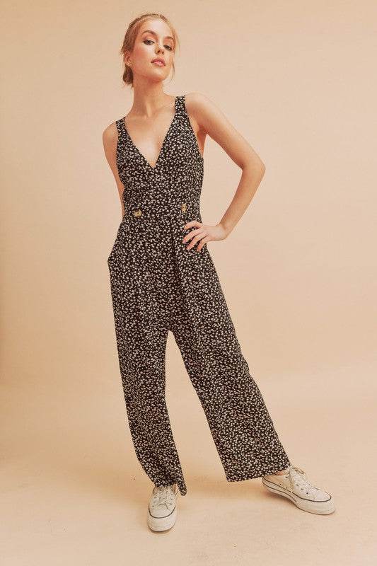 Aemi + Co Ditsy Floral Surplice Sleeveless Wide Leg Jumpsuit - us.meeeshop