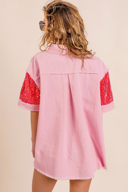 BiBi Sequin Detail Raw Hem Short Sleeve Shirt | us.meeeshop