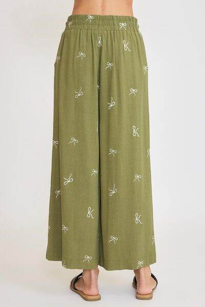 Umgee Lace Drawstring Embroidered Bow Wide Leg Pants Plus Size - us.meeeshop