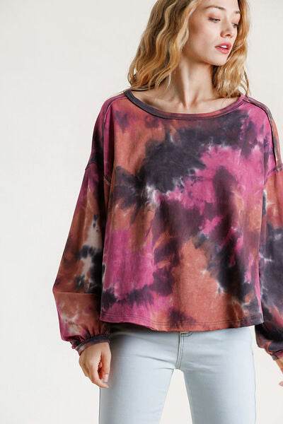 Umgee Tie Dye Round Neck Long Balloon Sleeve Top Plus Size - us.meeeshop