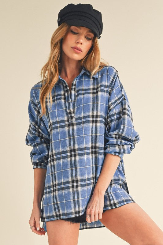 Aemi + Co Side Slit High-Low Plaid Long Sleeve Polo Shirt in Skies - us.meeeshop