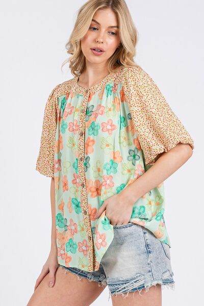 SAGE+FIG Button Down Bubble Sleeves Shirt - us.meeeshop