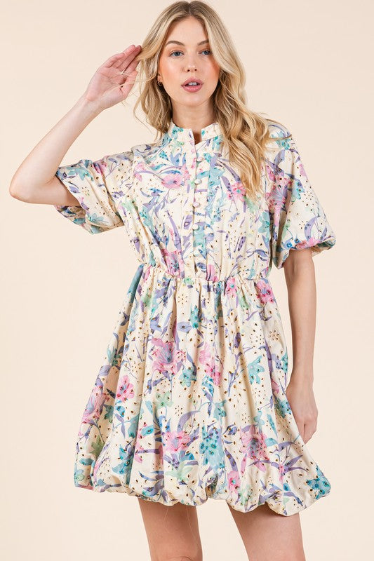 GeeGee Floral Eyelet Lace Puff Sleeve Mini Shirt Dress - us.meeeshop