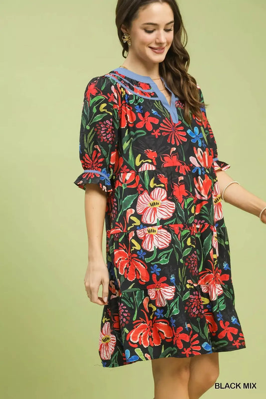 Umgee Floral Tiered Puff Sleeve Dress (women's dresses) view 2 - shop at us.meeeshop