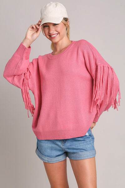 Umgee Fringe Round Neck Long Sleeve Sweater Plus Size - us.meeeshop