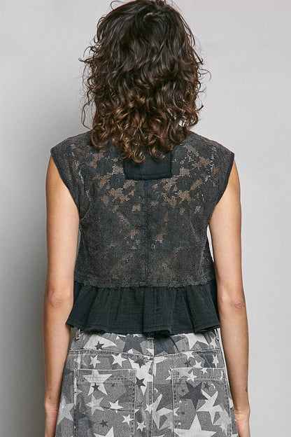 pol round neck Pol Round Neck Lace Sleeveless Top with Double Gauze Ruffle view 4 (top) - shop at us.meeeshop